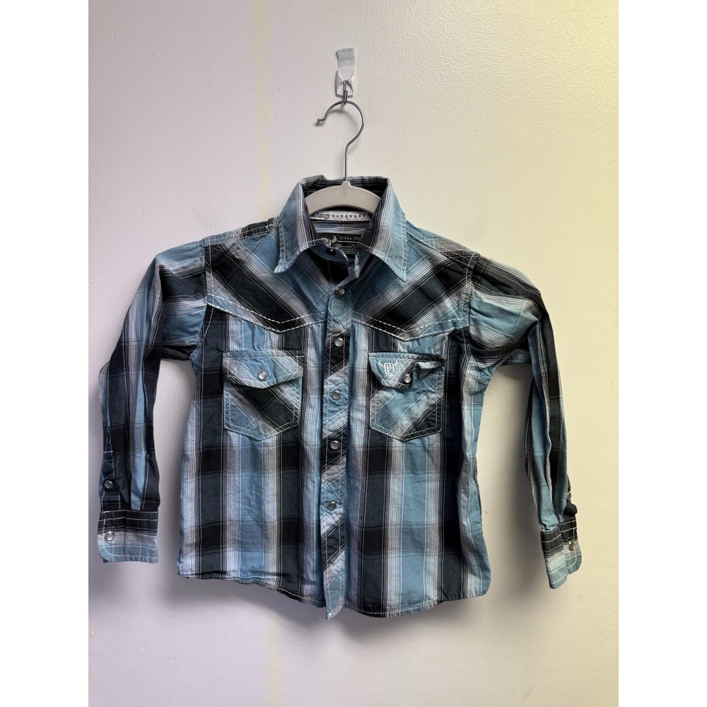 Cowboy Hardware Boys Western Snap Shirt Size XS 5 Blue Black Plaid Cowboy